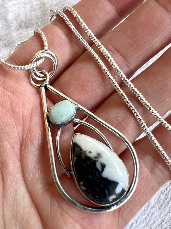 Jewelry - 925 White Buffalo Turquoise Jasper + Larimar Pendant Necklace